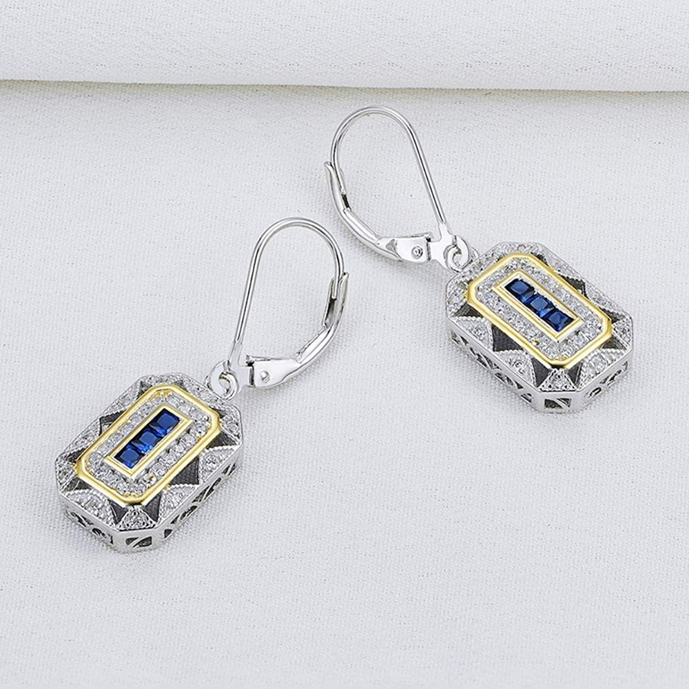 π Vintage-Inspired Blue Sapphire Earrings - 925 Sterling Silver - Picture 5 of 8